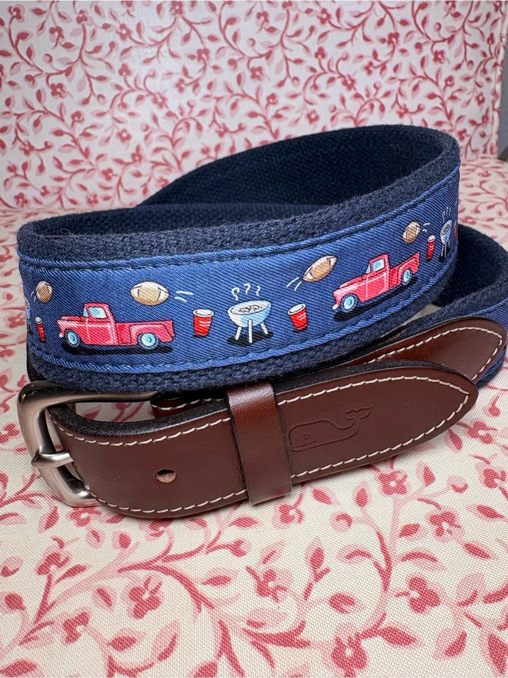 Vineyard Vines Navy Football Tailgate Ribbon Belt with Red Truck Motif